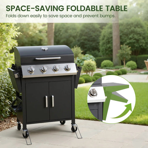 Four Burner Propane Gas BBQ Grill With 40,000 BTU Power, stainless steel build, foldable side tables, spice rack on wheels