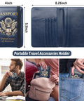 RFID Blocking Passport Holder Travel Wallet With Vaccine Card Slot Waterproof Leather US Passport Cover For Men And Women 3D Eagle Emblem Organizer Plus shown with open and closed views, dimensions, and in use by different people.