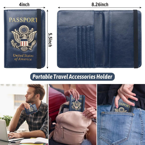 RFID Blocking Passport Holder Travel Wallet With Vaccine Card Slot Waterproof Leather US Passport Cover For Men And Women 3D Eagle Emblem Organizer Plus shown with open and closed views, dimensions, and in use by different people.