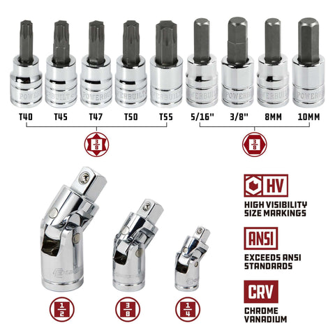 Heavy-Duty 200 Piece Mechanic Tool Set With 1/4, 3/8, And 1/2 Inch Drive Sockets, SAE And Metric, showing various sockets and ratchets