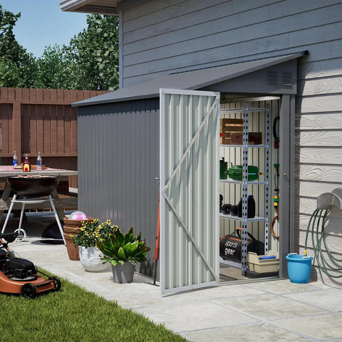 Lean To Metal Shed 4x8 Outdoor Storage Unit For Backyard Garden Patio, Weatherproof Galvanized Steel Walls, Rust Resistant Moisture Proof