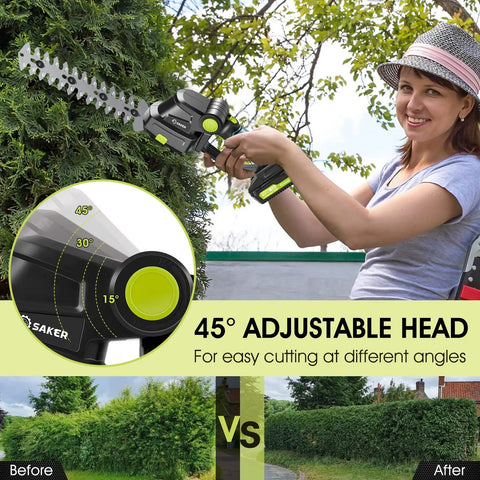 Woman using Cordless Hedge Trimmer 20V With Dual Batteries And Charger For Lawn And Garden Care on hedges, showing adjustable head for angles