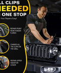 Mechanic installing Jeep Fender Flare Clips Kit With 5 Size Fastener Retainers on 2007-2022 Wrangler JK JL, Grand Cherokee, Liberty.