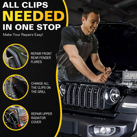 Mechanic installing Jeep Fender Flare Clips Kit With 5 Size Fastener Retainers on 2007-2022 Wrangler JK JL, Grand Cherokee, Liberty.