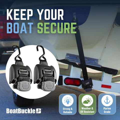 Transom Boat Tie Down Straps for Trailer, 2 By 43 Inch, 2500 Lbs Break Strength, Bolt On Retractable Ratchet Straps, Heavy Duty, 2 Pack
