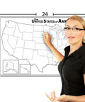 Woman using USA Map Dry Erase Laminated Poster 18x24 For Classrooms Big 50 States Map Wipe Clean Surface Classroom Essential