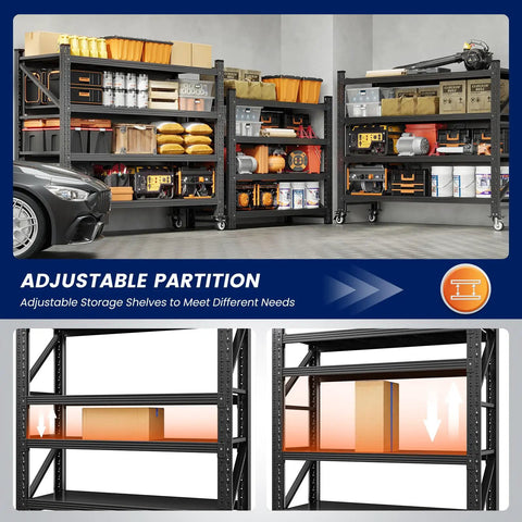 Super Beefy 4 Tier Rolling Garage Shelving Rack With Wheels For Heavy Duty Mobile Storage And Multipurpose Home Setup Easy Adjustable Layer Rows showcasing adjustable shelves in a garage setting.