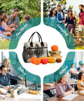 Insulated Lunch Cooler Bag With Detachable Shoulder Strap Reusable Tote surrounded by picnic, camping, office, and school scenes.