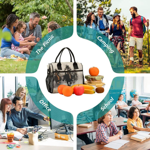 Insulated Lunch Cooler Bag With Detachable Shoulder Strap Reusable Tote surrounded by picnic, camping, office, and school scenes.