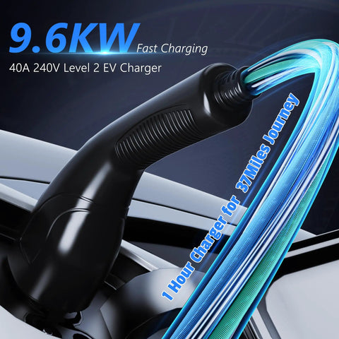 Level 2 EV Charger 40 Amp 240V Portable Electric Vehicle Station charging connector close-up with data display.