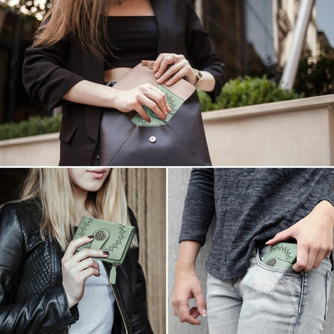 Compact Women’s Bifold Wallet With RFID Blocking Leather Card Holder Zipper Coin Pocket in use by various women on the go