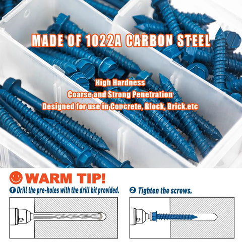 Beefed-Up Concrete Screws Kit With Drill Bits And Driver Bits, 200-Piece Set showing hex head anchors in storage box