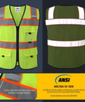 Solid High Visibility Reflective Safety Vest With Multiple Pockets Built Tough For Daily Grind Ansi Compliant Yellow Mesh Vest Delivering True 360 Coverage And Legit Protection, front and back view, includes reflective strips.