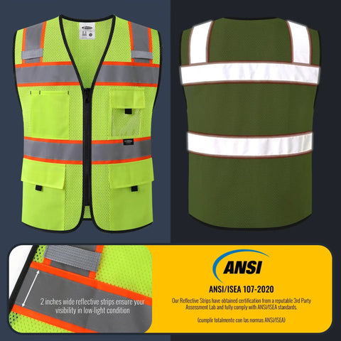 Solid High Visibility Reflective Safety Vest With Multiple Pockets Built Tough For Daily Grind Ansi Compliant Yellow Mesh Vest Delivering True 360 Coverage And Legit Protection, front and back view, includes reflective strips.