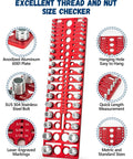 57 Nut and Bolt Thread Checker gauge on red anodized aluminum plate with standard and metric thread holes