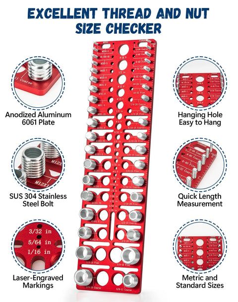 57 Nut and Bolt Thread Checker gauge on red anodized aluminum plate with standard and metric thread holes