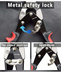 Heavy Duty 12 Inch Aviation Tin Snips With Forged Blade showing metal safety lock feature.