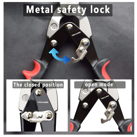 Heavy Duty 12 Inch Aviation Tin Snips With Forged Blade showing metal safety lock feature.