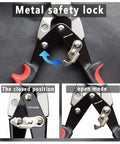 4 Piece Tin Snips Set For Cutting Metal Sheets With Aviation Snips Left Right Straight And Long, showing metal safety lock