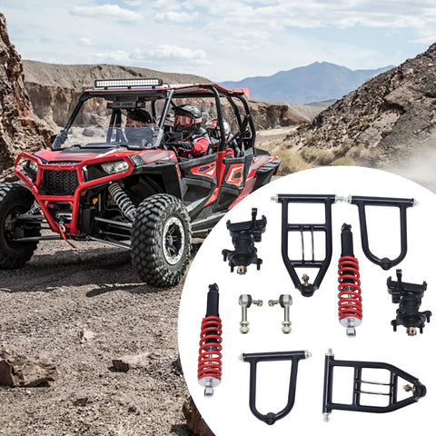 11.8 Inch Front Suspension Shock Swing Arm Kit With Steering Knuckle Spindle for quad bike and ATV upgrade shown next to a vehicle