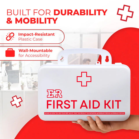 Front view of a white plastic wall-mountable first aid kit case in hand, with red cross and ER FIRST AID KIT label