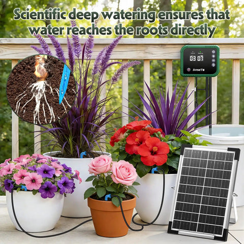 Solar Drip Irrigation System For Gardens And Greenhouses DIY Automatic Drip Kit with 8W solar panel and emitters in use