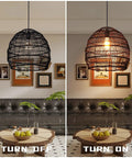 One Light Rattan Woven Pendant Lamp In Black Finish Handmade Hanging Lampshade For Kitchen Island Bedroom Dining Room Restaurant Cafe Or Bar Eco Friendly Natural Rattan Durable Artwork That Sets A Cozy Modern Vibe shown off and on in stylish room