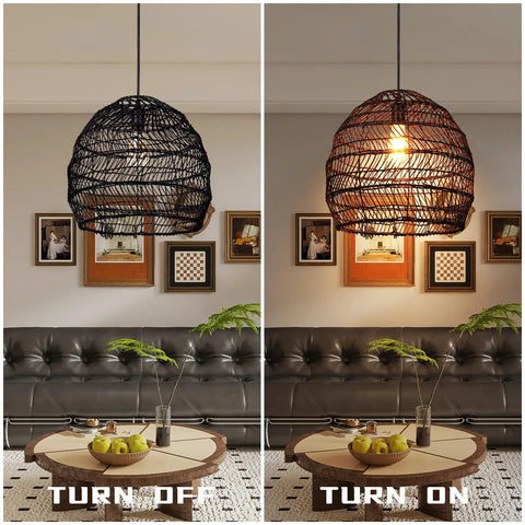One Light Rattan Woven Pendant Lamp In Black Finish Handmade Hanging Lampshade For Kitchen Island Bedroom Dining Room Restaurant Cafe Or Bar Eco Friendly Natural Rattan Durable Artwork That Sets A Cozy Modern Vibe shown off and on in stylish room