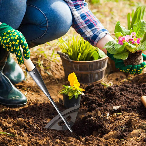 Gardener using All Steel Hollow Garden Hoe With Long Handle, Heavy Duty Weeding Tool For Backyard And Farm in soil