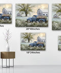 Blue Truck Canvas Wall Art With White Floral Accents, Retro Old Barn Pickup Truck Print For Farmhouse Decor, 18 By 24 Inches