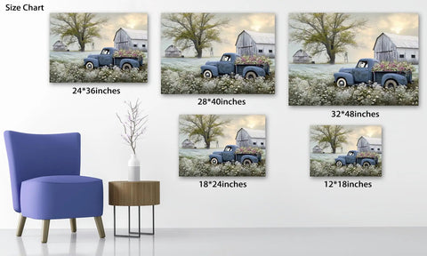 Blue Truck Canvas Wall Art With White Floral Accents, Retro Old Barn Pickup Truck Print For Farmhouse Decor, 18 By 24 Inches