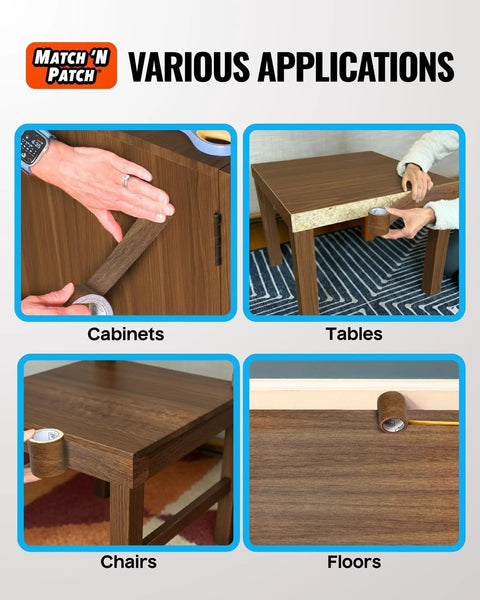 Applying Wood Grain Repair Tape Antique Oak 2.25 Inch By 15 Foot Realistic Wood Finish Duct Tape on cabinets, tables, and floors.