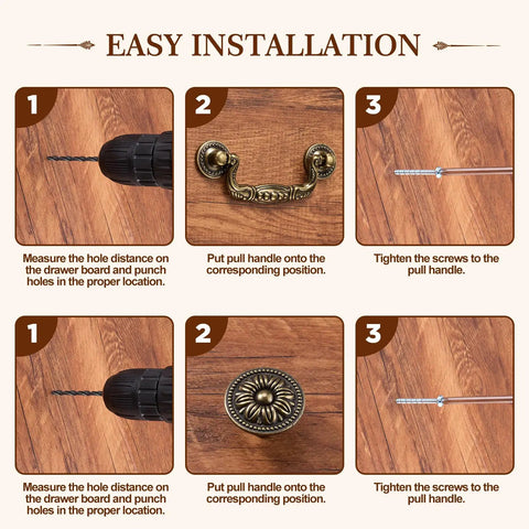Installation guide for 12 Piece Bail Handle Drop Pulls And Vintage Flower Cabinet Knobs In Antique Bronze Beaded Style with 3 inch spacing.