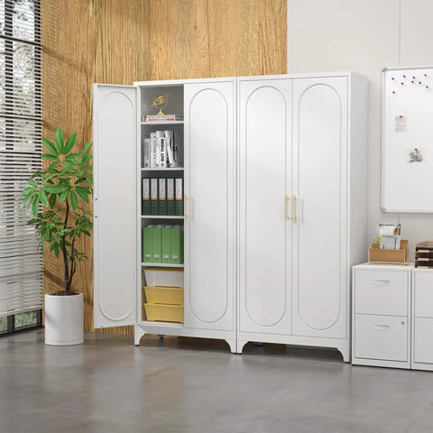 Tall White Metal Pantry Cabinet With Door 75 Inch High Kitchen Storage Cupboard open with books inside