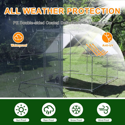 Walk In Metal Chicken Coop With Cover And Perch For Outdoor Backyard Use, Large Enclosure For Chickens Ducks And Rabbits, 118 Inch Long By 118 Inch Wide By 78.7 Inch High, showing all-weather protection tarp.