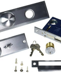 Left Hand Heavy Duty Mortise Lockset in Satin Chrome Finish, 10.9 Inches Long, 4.3 Inches Wide, 4.5 Inches Deep, shown with components