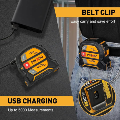 2-In-1 Laser Tape Measure With 135 Ft Range, Rechargeable Distance Tool And 16 Ft Manual Tape, High-Precision Readings Within 1/8 Inch, Six Modes Including Distance, Continuous, Area, Volume, And Two-Point Pythagorean Method, belt clip and USB charging