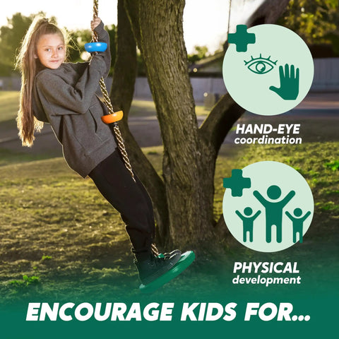 Kid Friendly Tree Swing With Disc Seat And Climbing Rope Carabiner And 4 Ft Strap Easy Install Backyard Playground Accessory
