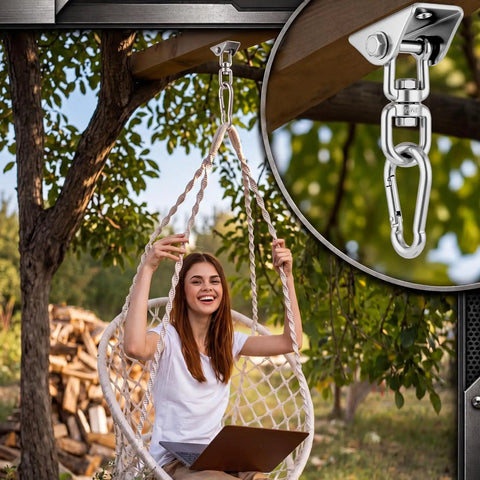 Six Pack Heavy Duty Swing Hangers For Wood Sets Up To 1000 Lbs Each, 360 Degree Swivel Stainless Steel Hammock Hardware Kit For Porch Playground Indoor Yoga Outdoor Fun Built To Last installed on wood beam with hanging chair