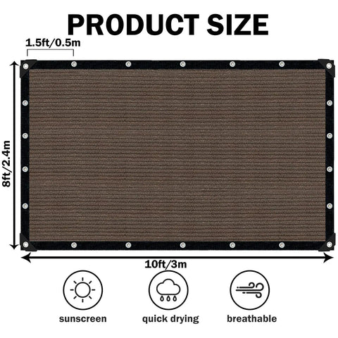 Mocha Brown 8x10 Ft Sun Shade Cloth with Grommets for Outdoor Patio and Pergola 90 Percent UV Blocking displayed with measurements