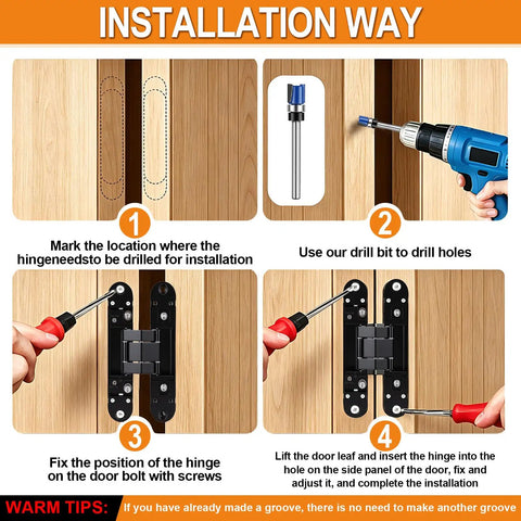 Installation guide for Six Inch Hidden Door Hinges Rock Solid Zinc Alloy Concealed Hardware for seamless doors.