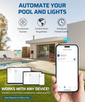 Smart pool and lights control app interface on a smartphone against a modern backyard setting with pool and patio.
