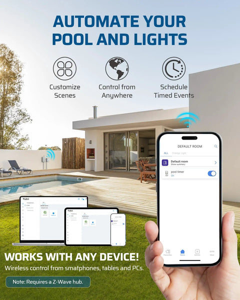 Smart pool and lights control app interface on a smartphone against a modern backyard setting with pool and patio.