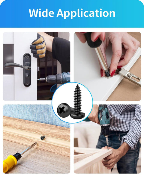 Image showcasing the Top Tier 550 Piece Tough As Nails Black 304 Stainless Steel Wood Screw Assortment Kit in use for various DIY applications.