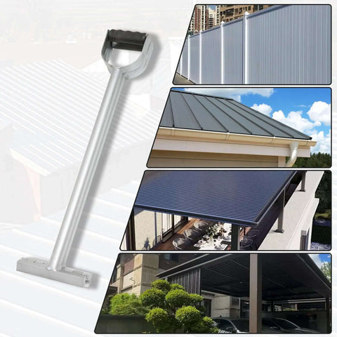 Standing Seam Roofing Hand Seamer for Metal Panels beside images of installed metal roofs and panels, emphasizing steel construction.