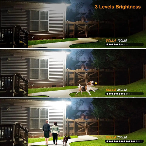 Alkaline Battery Motion Sensor Outdoor Lights 750LM Wireless Flood Lights demonstrating 3 brightness levels in a yard.