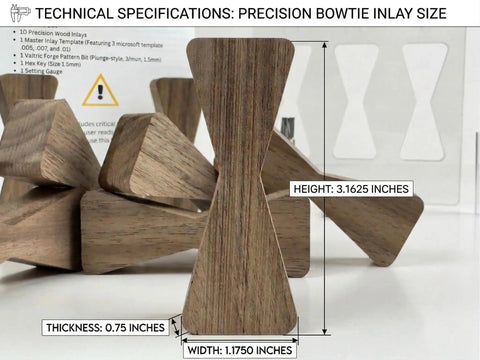 Close-up of walnut bow tie inlays from Woodworking Router Inlay Kit With Butterfly Joint System And Bow Tie Template, dimensions labeled