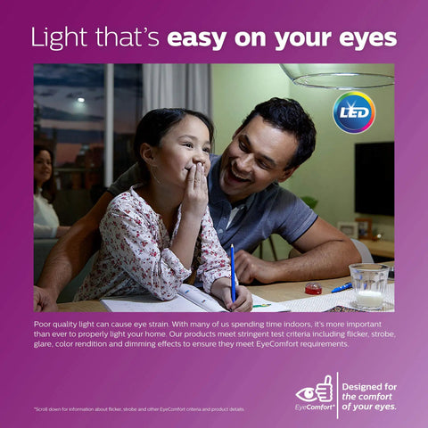 Father and daughter smiling under LED lighting, showcasing eye comfort; LED GU10 Dimmable Spotlight Bulbs Pack Of 3 Bright White