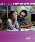 Smiling man and girl under Non Dimmable BR30 LED Bulbs 12 Pack With EyeComfort Flicker Free 650 Lumens 5000K Daylight light.
