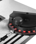 Close-up of Beast 9-Inch Benchtop Band Saw With 2.8 Amp Motor, showing blade and 12-1/4 x 11-7/8-inch table bevel scale to 45 degrees.